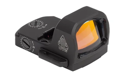 Leapers UTG UTS OP3 Micro, black reflex sight in three-quarter view with amber lens and adjustment dials