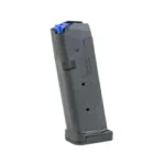 Leapers UTG Gen 2 Glock 19 Magazine, black magazine in three-quarter view with blue follower