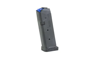 primary-7860 Leapers UTG Gen 2 Glock 19 Magazine, black magazine in three-quarter view with blue follower