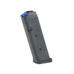 Leapers UTG Gen 2 Glock 17 Magazine, black magazine in three-quarter view with blue follower