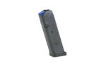 Leapers UTG Gen 2 Glock 17 Magazine, black magazine in three-quarter view with blue follower