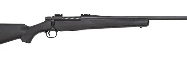 Mossberg Patriot rifle, right-side view with matte black stock, fluted barrel and bolt action