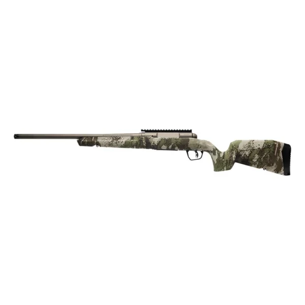 Savage Arms Axis 2 Pro Compact rifle, right-side view with woodland camo stock and black barrel