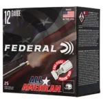 Federal FED ALL AMER ammunition box in black with red, white and blue graphics, angled front view