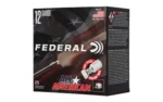 Federal FED ALL AMER ammunition box in black with red, white and blue graphics, angled front view