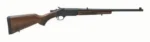 Henry Singleshot Rifle, right-side view with brown stock, black receiver and long barrel