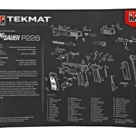 TEKMAT ULTRA PSTL MAT SIG P226 BLK, black top view with white pistol parts diagram and text