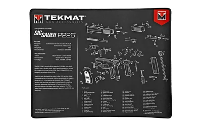 primary-8498 TEKMAT ULTRA PSTL MAT SIG P226 BLK, black top view with white pistol parts diagram and text