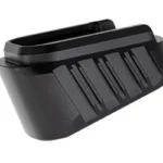 TYRANT HELLCAT MAG EXT +3 BLACK, black magazine extension with ridged sides, angled view