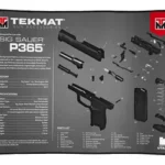 TEKMAT ULTRA PSTL MAT SIG P365 black top view with grey pistol parts diagram and red trim