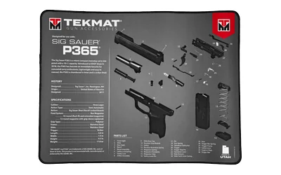 primary-8513 TEKMAT ULTRA PSTL MAT SIG P365 black top view with grey pistol parts diagram and red trim