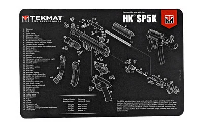 primary-8519 TEKMAT PISTOL MAT H&K SP5K black top view with white exploded parts diagrams and text