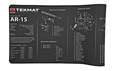 primary-8521 TekMat Ultra Rifle Mat AR15, black mat with white firearm diagrams and parts lists