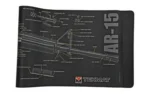 TEKMAT CUTAWAY RIFLE MAT AR15 BLK black mat, top view with white rifle diagrams and AR-15 text