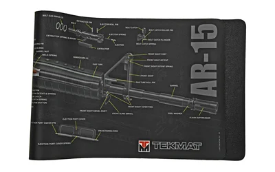 primary-8533 TEKMAT CUTAWAY RIFLE MAT AR15 BLK black mat, top view with white rifle diagrams and AR-15 text
