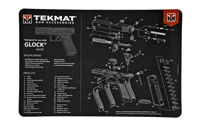 primary-8540 TekMat Pistol Mat for Glock G5, black mat in top view with white parts diagrams