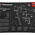 TekMat Ultra pistol mat S&W M&P, black, top view with white exploded-parts diagram and labels