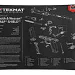 TekMat Ultra pistol mat S&W Shield, black, top view with white exploded-parts diagram and labels