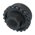 LANTAC ADC DT 1/2X28 HUB, angled front view of black round threaded adapter with textured edge