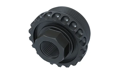 LANTAC ADC DT 1/2X28 HUB, angled front view of black round threaded adapter with textured edge