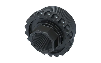 LANTAC ADC DT 5/8X24 HUB, black angled front view with threaded opening and scalloped outer ring