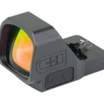C&H COMP RED DOT 2 MOA MULTI BLACK, angled front view of black optic with orange-green lens