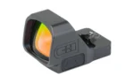 C&H COMP RED DOT 2 MOA MULTI BLACK, angled front view of black optic with orange-green lens