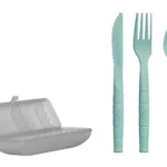 KA-BAR Knives KBAR Lunch Pal mint green knife, fork and spoon beside open gray case