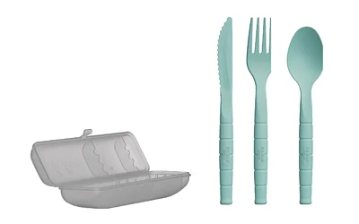 KA-BAR Knives KBAR Lunch Pal mint green knife, fork and spoon beside open gray case