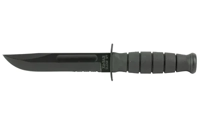 KA-BAR Short Fighting Knife, black fixed blade with gray grooved handle and guard, side view