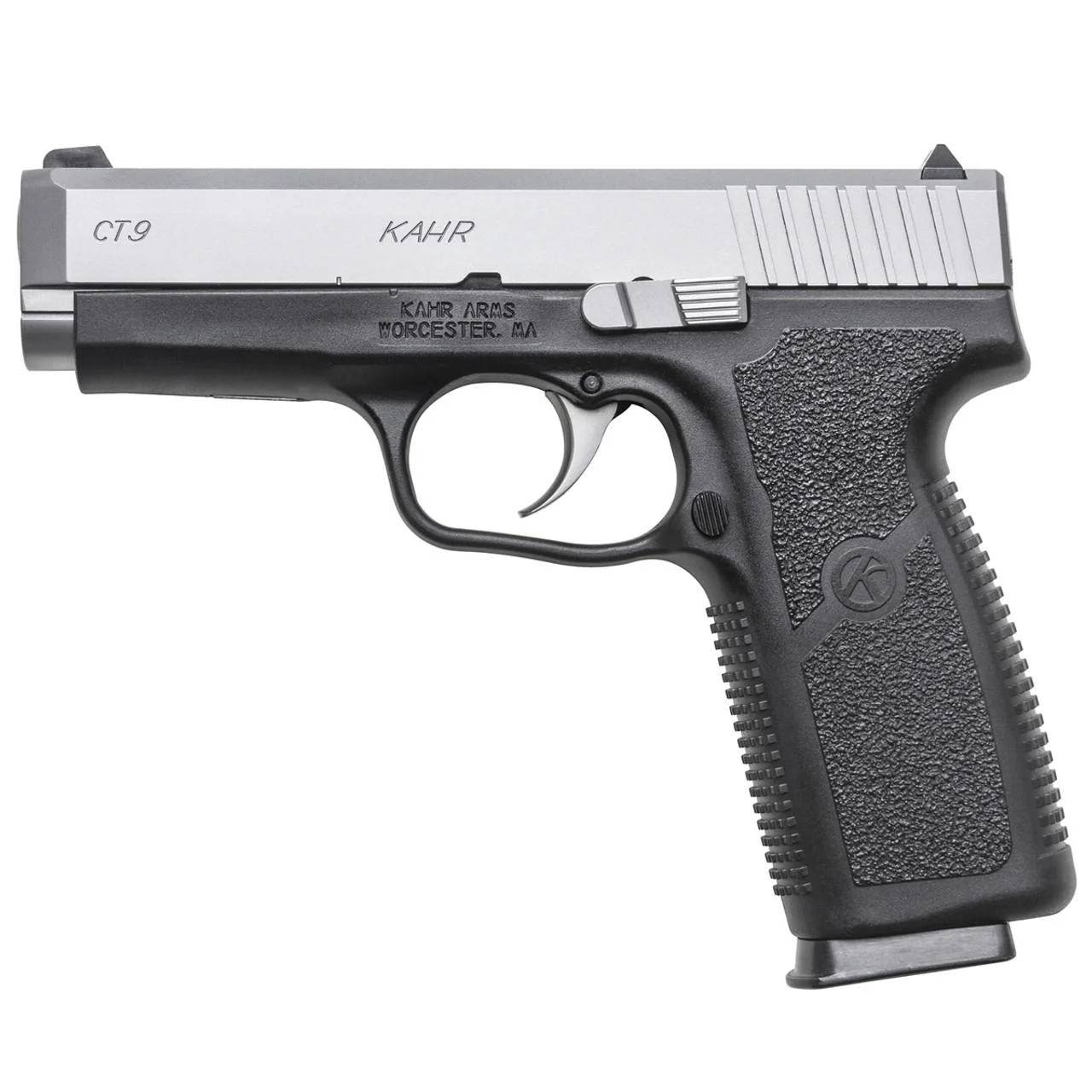 primary-876 Kahr MK9 Handgun, left-side view with stainless slide, black grip and three-dot sights