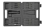 BSA BORESIGHTER KIT W/ ADJ ARBOR, open black case with boresighter and assorted arbors