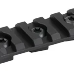 ARISAKA LOW PRO PIC RAIL M-LOK 5-SLT, angled top view of black rail with five slots and three screws