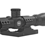 BSA TACT WPN 1-4X24 MIL DOT BLK black scope, right-side view with turrets and integrated mount