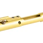 LANTAC M-SPEC BCG 556 TIN, angled side view of gold-tone bolt carrier group