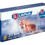 Lapua 223 Rem ammunition box in blue and white, angled front view with fox graphic