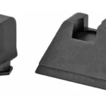 Ameriglo Optic Height Glock black front and rear sights, angled view with serrated front face