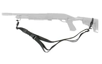 primary-9163 BLACKHAWK BH UNIV SWIFT SLNG BLK black sling attached to a translucent long gun, left-side view