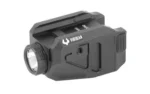 Viridian CTL, black angled front and side view with round light lens, controls and rail mount