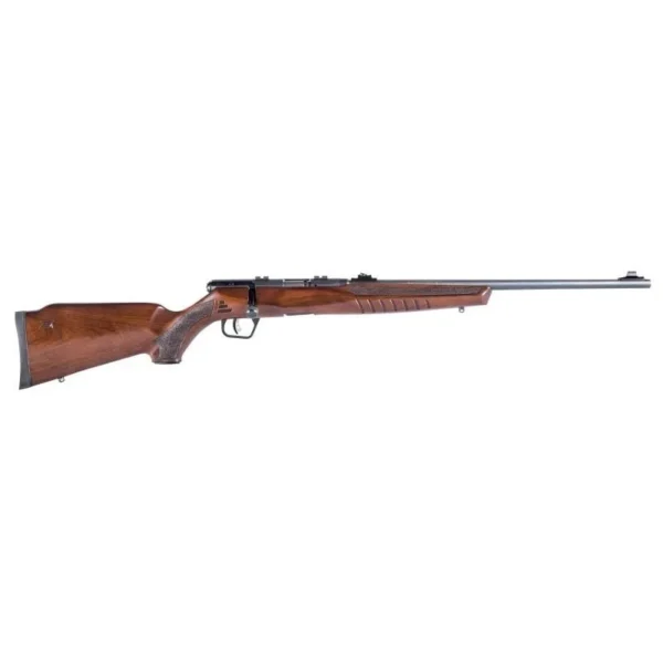 Savage Arms B22 G Rifle, right-side view with hardwood stock, black barrel and mounted sights