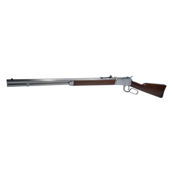 Heritage 92 Lever Action Rifle, side view with polished silver finish and wood stock