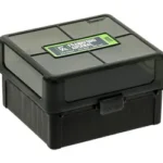 Frankford Ammo Box 222-223 100RD, closed dark green box in front three-quarter view