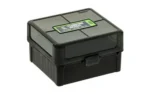 Frankford Ammo Box 222-223 100RD, closed dark green box in front three-quarter view