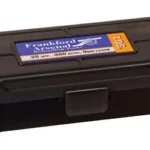 FRANKFORD AMMO BOX 380-9MM 50RD dark plastic box, angled front view with label and latch