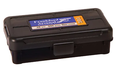 FRANKFORD AMMO BOX 380-9MM 50RD dark plastic box, angled front view with label and latch