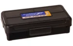 FRANKFORD AMMO BOX 10MM-45ACP 50RD dark plastic box, angled front view with label and latch