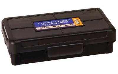 FRANKFORD AMMO BOX 10MM-45ACP 50RD dark plastic box, angled front view with label and latch