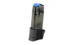 Kimber CDS9 magazine, black and silver front view with blue follower and extended base
