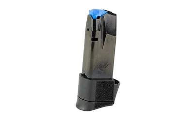 Kimber CDS9 magazine, black and silver front view with blue follower and extended base