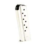 Kimber 38Super magazine, silver finish, angled side view with witness holes and black follower